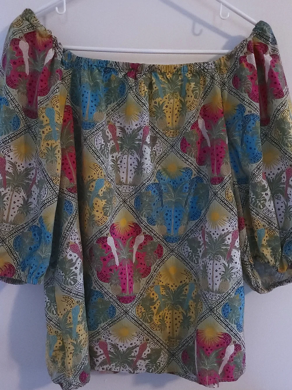 LOFT Tropical Palm Puff Short Sleeve Square Neck Top Blouse Parrot Boho Sz XL
